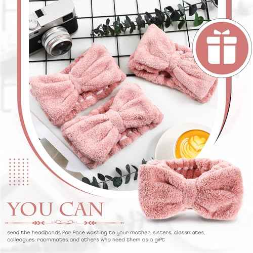 Yunlly 20 Pcs Spa Headband for Women 4 Inches Width Facial Makeup Hair Band Bulk Skincare Headbands for Washing Face Bowtie Slumber Party Supplies Fluffy Head Wraps(Rose Pink)