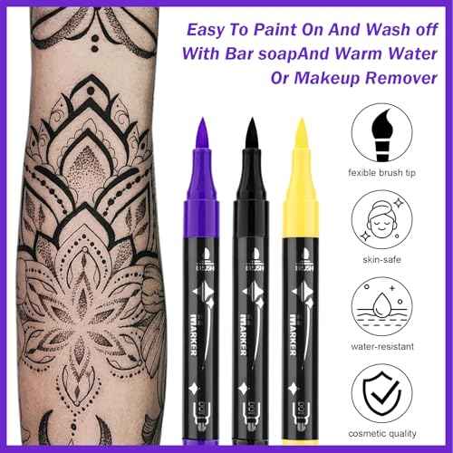 Ponhey Temporary Tattoo Markers for Skin, 36 Body Markers+67 Large Tattoo Stencils,Dual-End Tattoo Pens,Fine Lines with Cosmetic-Grade,Flexible, Skin-Safe Face Paint Kit for Kids Teenage Adults