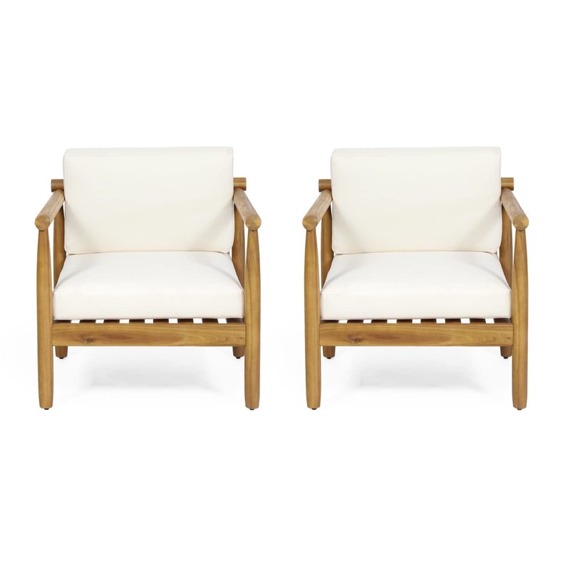 Abigail Outdoor Acacia Wood Club Chair (Set of 2), Teak and Cream