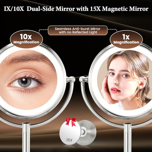 Professional 8.5" Large Lighted Makeup Mirror with Brighter Lights, 1X/10X True HD Magnifying Mirror with 3 Color Dimmable Lights, 90 Shadowless LEDs, 360¡ÆSwivel Seamless Vanity Mirror, Pearl Nickel