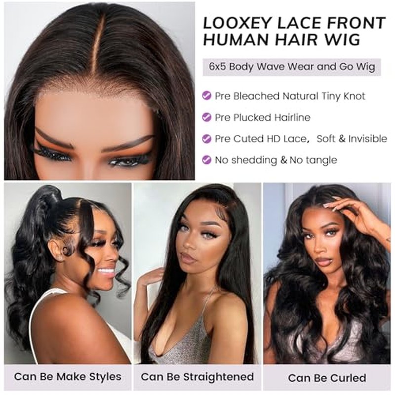 6x5 Lace Front Wig Human Hair Wig for Women 210% Density Body Wave Wear and Go Glueless Wigs Pre Plucked Pre Cut Lace Wigs Pre Bleached Tiny Knots Wig 24 Inch