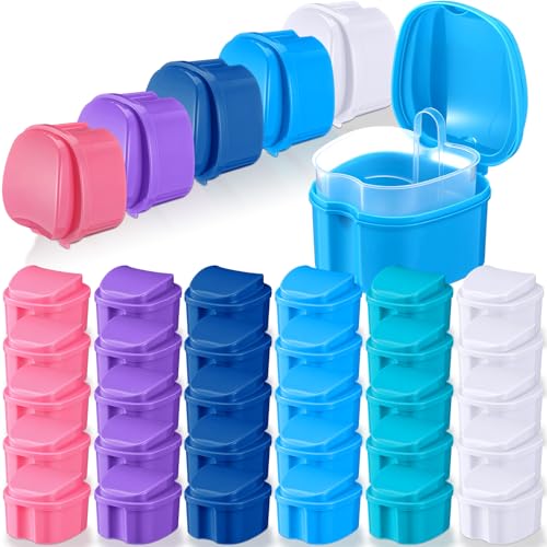 Zubebe 30 Pcs Denture Bath Retainer Case Holder Bulk with Strainer Basket Dental Cup Denture Soaking Container False Teeth Storage Box for Travel Cleaning Brace Mouth Guard, 5 Colors