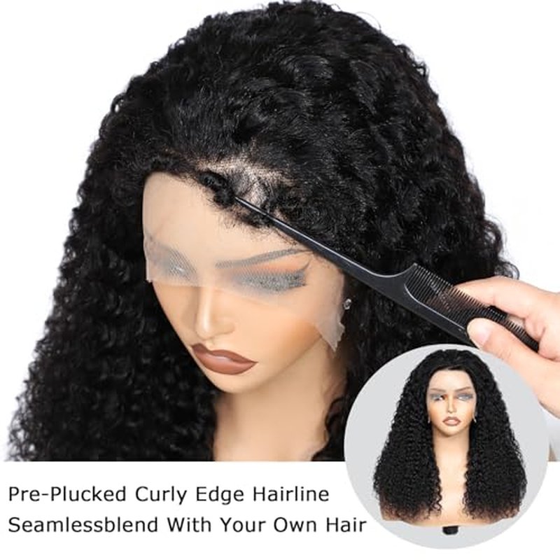 4C Edges Kinky Curly Lace Front Wigs Human Hair 200% Density Deep Wave Curly Wig Pre-Plucked Hairline 13x4 HD Transparent Lace Frontal Wigs With Curly Edges Baby Hair£¨16 Inch Natural Black£©