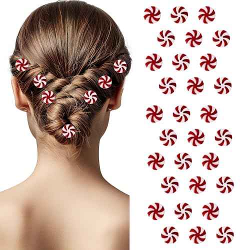 Christmas Candy Hair Clips - 30 Pcs Red and White Peppermint Snap Clips for Women Girls Bulk Holiday Party Favors, Christmas Stocking Filling, Classroom Gifts, DIY Hair Accessories for Xmas