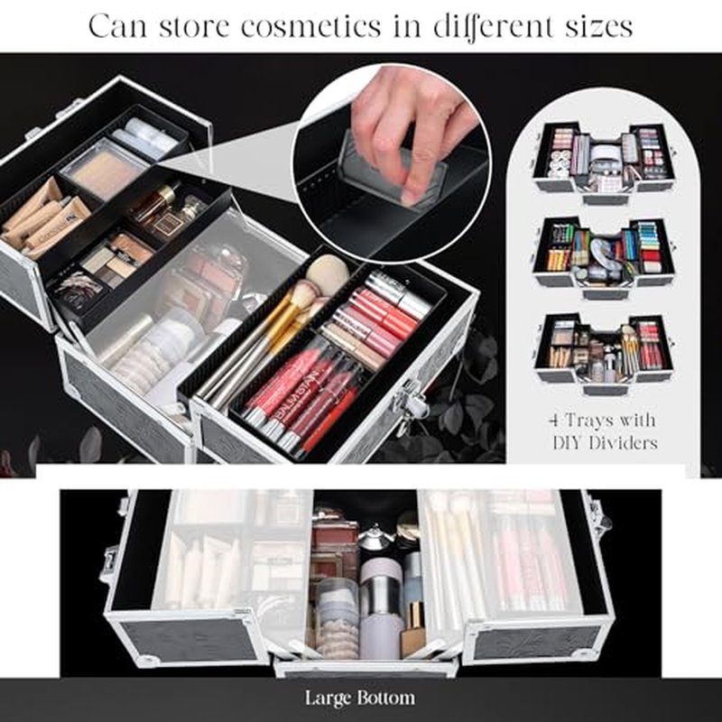 FRENESSA Makeup Train Case Cosmetic Box Portable Makeup Case Organizer 4 Trays Travel Case Storage with Dividers Lockable for Make up Artist Crafter Nail Kits Tools Black Floral
