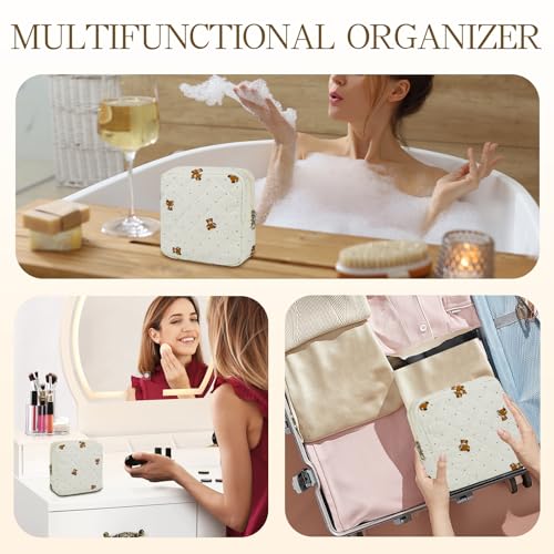 Small Floral Quilted Makeup Bag, Coquette Aesthetic Travel Toiletry Organizer for Women, Lightweight Cotton Cosmetic Pouch