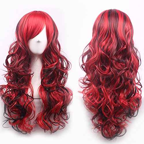 ANESHE Anime Cosplay Wigs Red and Black for Women Long Curly Hair Lolita Style Wigs (Red+Black)