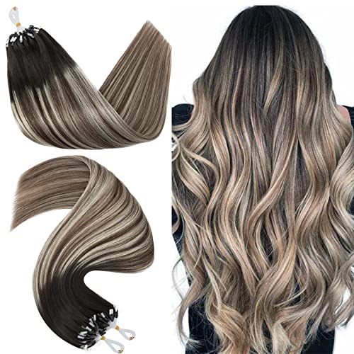 Hairro Microlink Human Hair Extensions Remy Highlight Pre Bonded Cold Fusion Keratin Glue T Tip Hairpieces For Women 16 Inch 50g 50 Strands #1BT4P60