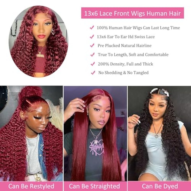 Burgundy Wig Human Hair 99j Burgundy 13x6 Deep Wave Lace Front Wigs Human Hair Pre Plucked HD Transparent Lace Frontal Wigs for Black Women Red Colored Wig 22 Inch