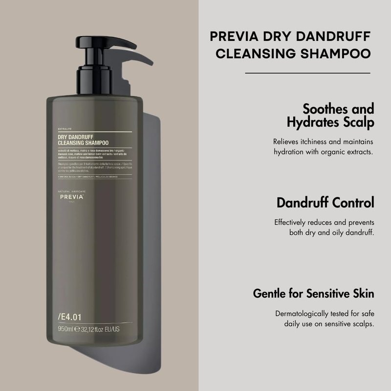 PREVIA Dry Dandruff Cleansing Shampoo - Natural Organic Treatment for Scalp Care | 32.1 oz