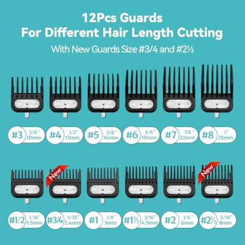 Clipper Guards Set Compatible with Most Wahl Clippers, -1/16" to 1", 12 Piece Set, Black Color, New Version