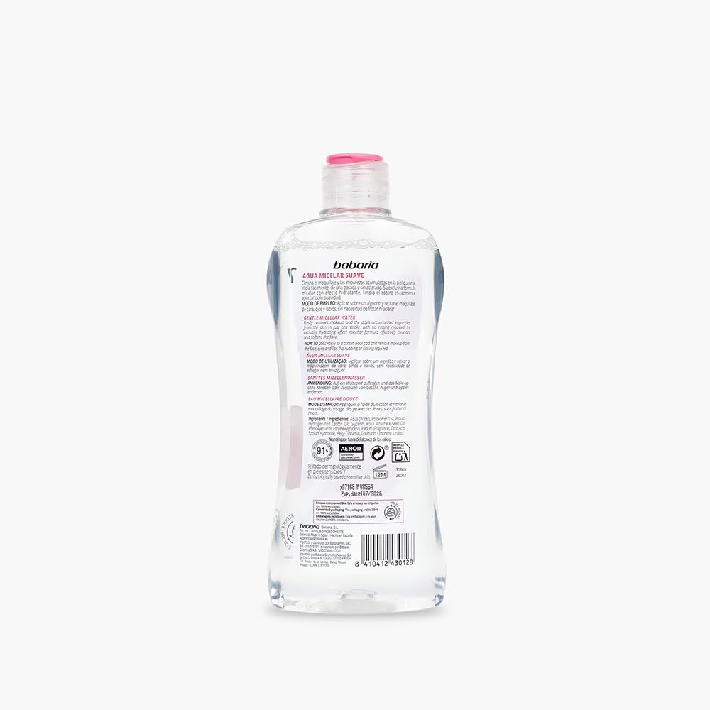 Babaria Cleanses and Smooths Water Micellar Make-up Remover Rosehip - Face, Eyes & Lips - Sensitive Skin - 100% Vegan - Desmaquillante Rosa Mosqueta (Pack 2)