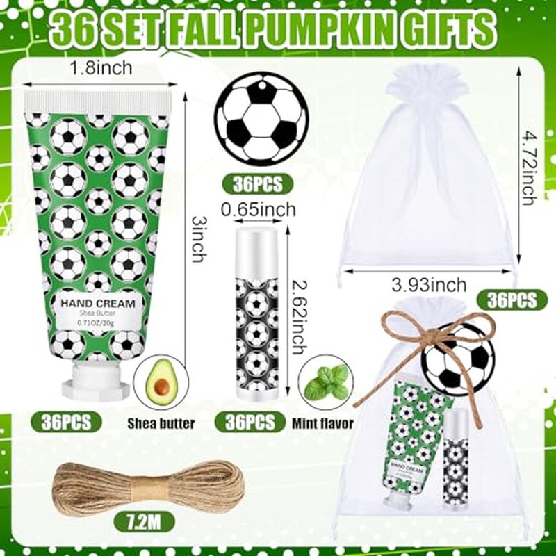 36 Sets Soccer Lip Balm Hand Cream Set soccer Party Favors, Include 36 Lip Balm 36 Moisturizing Hand Cream 36 Bags 36 Cards and Ropes for Soccer Accessories Gifts