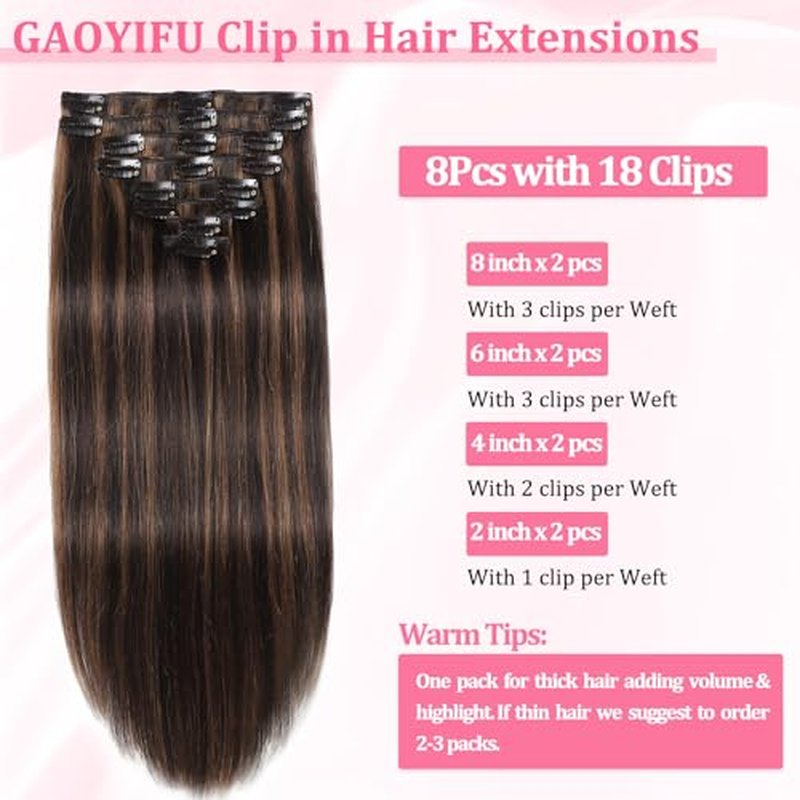 Clip in Hair Extensions Real Human Hair Seamless Balayage Human Clip ins Extensions for Women Invisible Straight 8Pcs Double Weft Dark Brown Highlight Chestnut Brown 16inch 90g