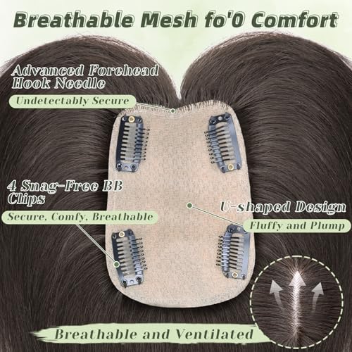 MOSINA Human Hair Toppers for Women Real Human Hair Toppers Hair Pieces for women 3.2" x 4.5" Silk Base Real Hair Toppers for Women with Thinning Hair(Brown Black)