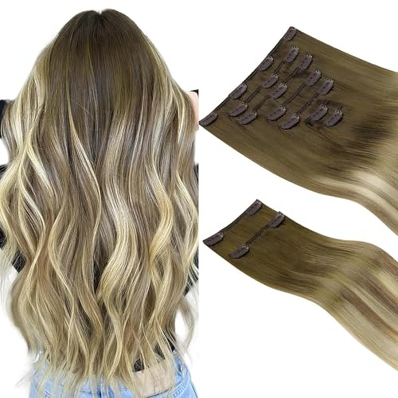 HOTBANANA Clip in Hair Extensions Real Human Hair, 150g 9pcs 20 inch Walnut Brown to Ash Brown and Bleach Blonde Straight Remy Clip in Extensions Full Head for Women
