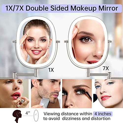Lighted Wall Mounted Makeup Mirror, Double Sided 1X/7X Magnifying Mirror, 3 Color Lighting Option Dimmable, 360 Rotation Extension Foldable Arm, Oval Frame Rechargeable Vanity Mirror with Lights