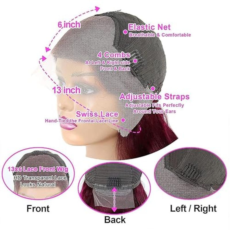 28 Inch 99J Burgundy Lace Front Wigs Human Hair 13x6 HD Transparent Straight Lace Front Wig Human Hairs Pre Plucked Burgundy Wig Red Wine Glueless Frontal Wigs Human Hair Wigs for Women