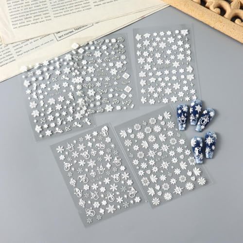 12 Sheets Christmas Nail Stickers Decals White Snowflake Nail Art Decals Snowman Reindeer Nail Art Stickers 3D Self Adhesive Nail Supplies Charm for Women Christmas Nails Decoration