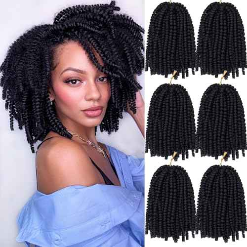 Spring Twist Hair - 8 Inch 6 Packs Spring Twists Crochet Hair for Women Black Synthetic Braiding Hair Low Temperature Fluffy Twist Hair Extensions, 1B