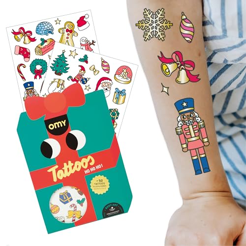 Omy Christmas Temporary Tattoos for Kids - 50 Festive, Colorful Designs with Santa, Gifts, and Snowflakes | Easy to Apply, Safe & Long-Lasting | Age 3 and Up