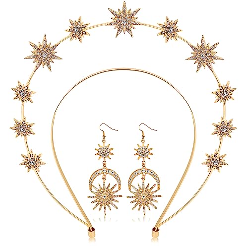M&C Music Color Halo Crown Moon Stars Goddess Crown Halo Headband Crown Celestial Headband Tiaras Crowns for Women Wedding Bridal Prom Tiara with Star Earrings Dangle Gold