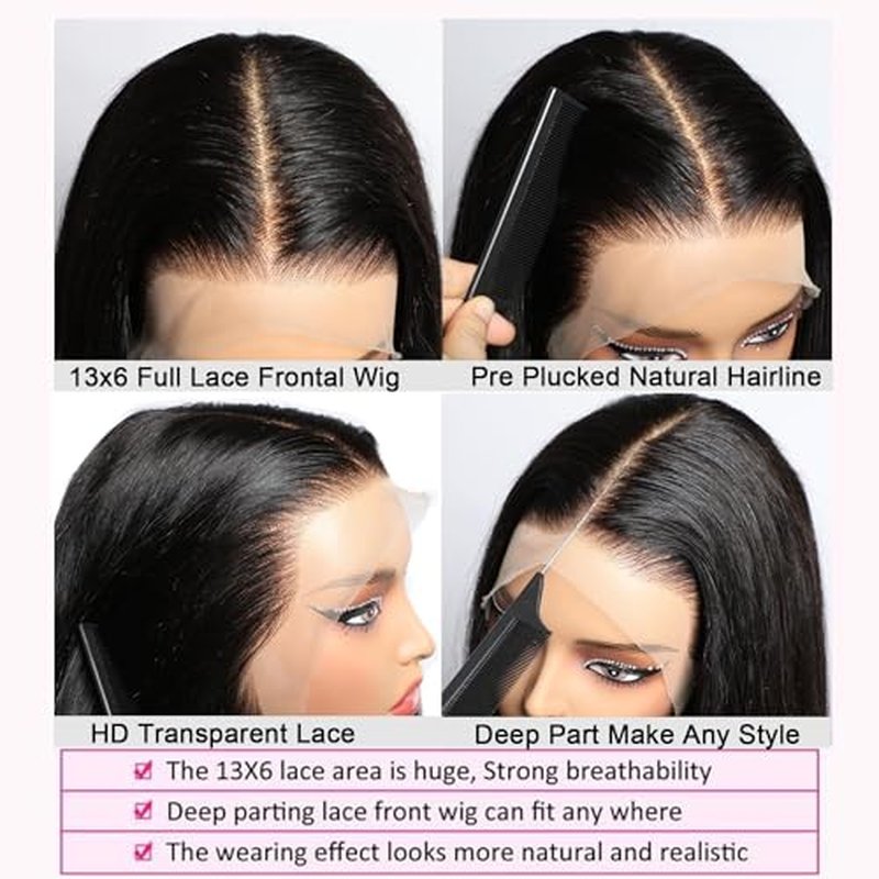 Full 13x6 HD Lace Front Wigs Human Hair Straight 180 Density Transparent Lace Frontal Wig for Women Natural Black Color Long Hair Glueless Wig 22 Inch