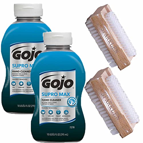 GOJO Supro Max Hand Cleaner Heavy Duty Cleaner Scrub, 2 Bottles 10 OZ each [Total of 20 Oz.] with 2 compatible Sparklen Wooden Nail Brushes