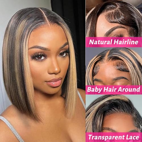 Bob Wig Human Hair Highlight Ombre 13x4 HD Transparent Lace Front Wigs 1b/27 Black and Blonde Wig Human Hair Pre Plucked with Baby Hair 180 Density Short Bob Wigs 10 Inch