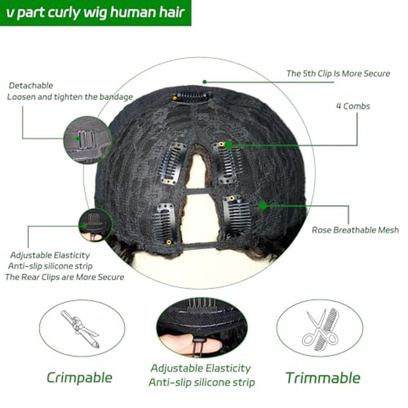 V Part Wig Human Hair Kinky Curly U Part Wig for Women Jerry Curly Glueless Upgrade V Part Clip in Half 180% Density No Leave Out No Sew in Natural Color 20Inch