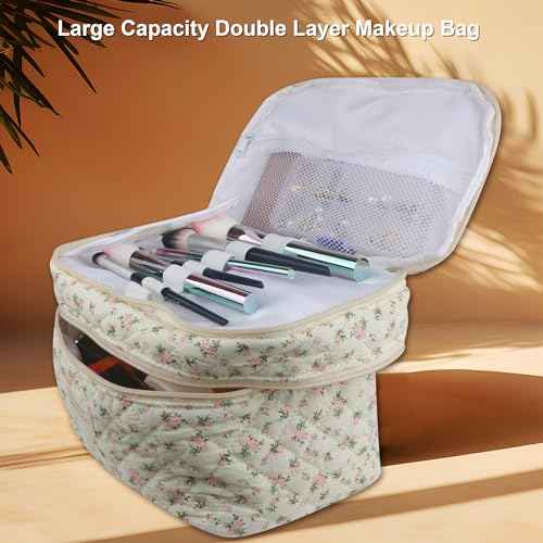 Dual Layer Cute Makeup Bag for Women(3 Pcs), Quilted Floral Coquette Aesthetic Make up Bags, Travel Cosmetic Bags Toiletry Organizer Bag(Pink Rose)