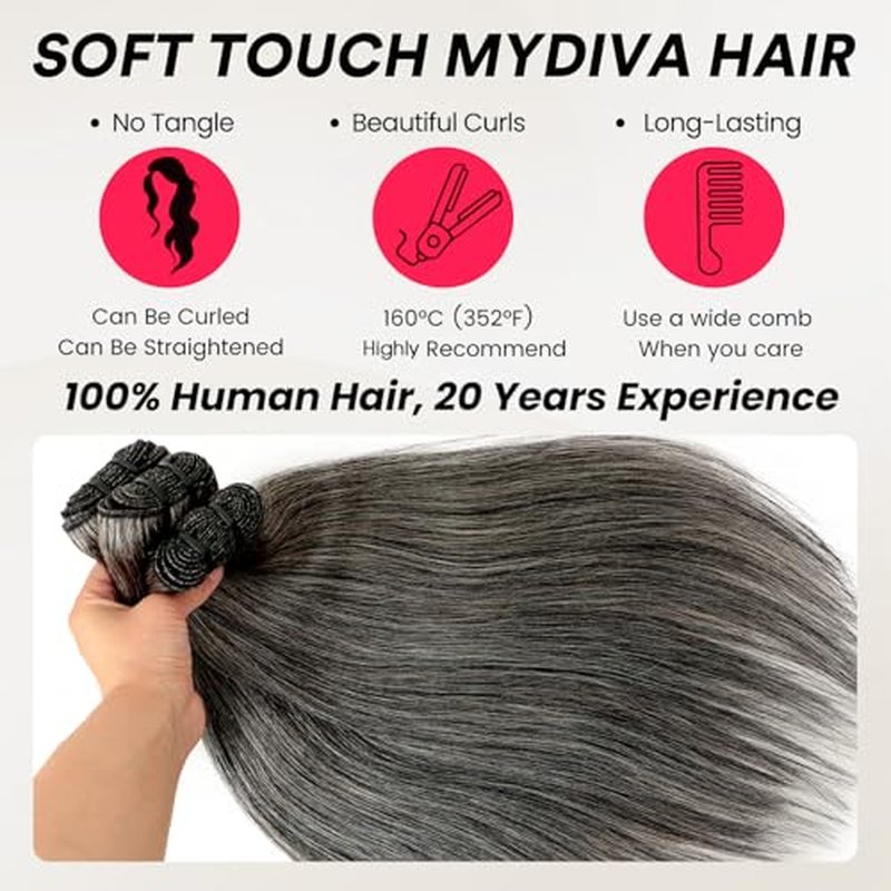 Salt and Pepper Human Hair Bundles Straight 14 14 14 inch Natural Gray Bundles Human Hair 12A Grey-White Quick Weave Hair Extensions Double Weft
