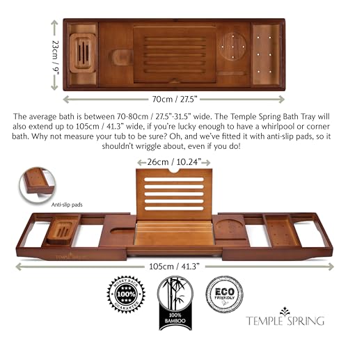 Temple Spring Wooden Bathtub Tray, Bamboo Bathroom Accessories, Bath Tray for Tub, at Home Spa Essentials, Board for Tub Table, Bath Caddy for Bathtub Accessories & Bathroom Essentials ? Wood Brown
