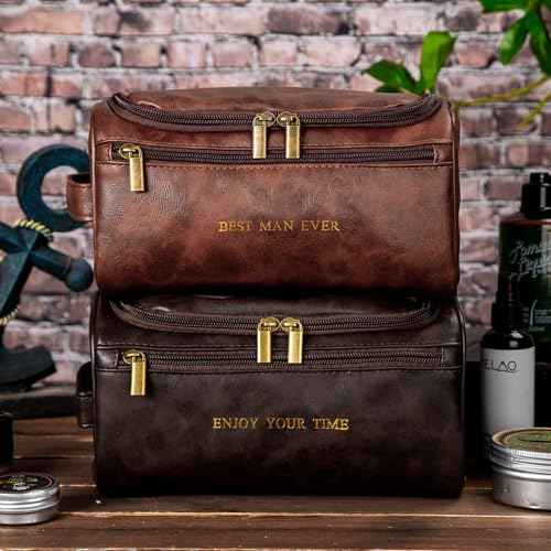 Flycalf Mens Toiletry Travel Bag Customized Mens Leather Toiletries Grooming Bag for Men Shaving Bag Hanging Water Resistant Organizer (Brown)