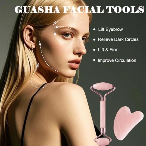 Gua Sha Facial Massage Tool and Roller Set, Facial Massager for Face, Neck, Arms, Eyes, Reduce Puffiness, Improve Wrinkles, Daily Self-Care Gift for Men and Women Emerald Green Pink White