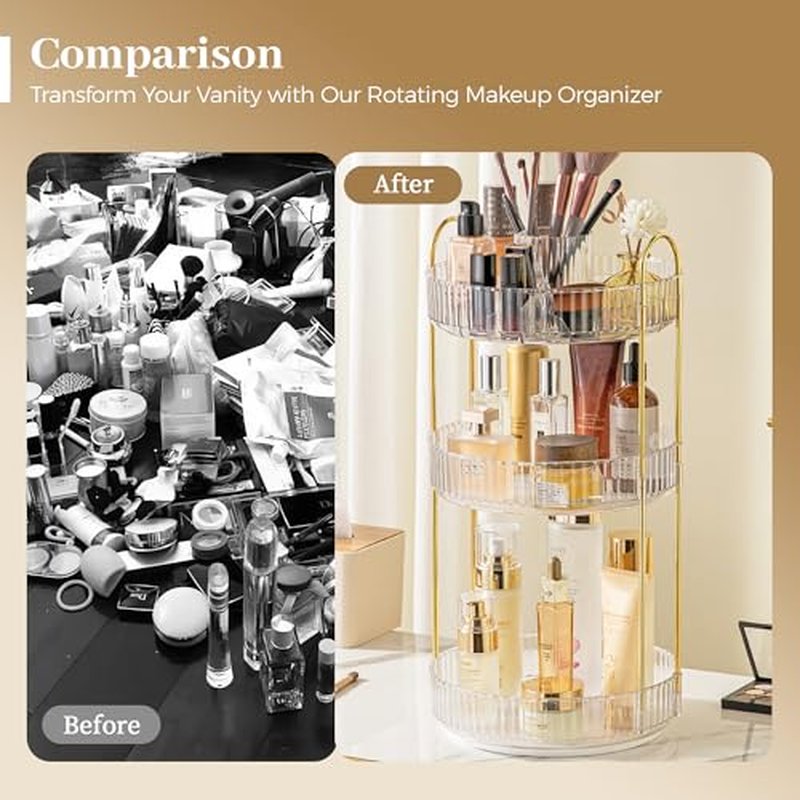 Aveniee 360¡Æ Rotating Makeup Organizer for Vanity, Perfume Skincare Bathroom Countertop Organizers, 3 Tier Spinning Skincare Storage with Brush Holder for Lipstick Cosmetic Lotion,White