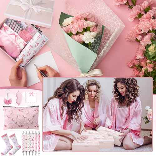 Sieral 14 Pcs Christmas Coquette Pink Bow Gift Set for Santa Women Include Pink Bow Tote Bag 20oz Stainless Steel Cup Socks Gel Ink Pens Sticky Keychain Eye Mask for Gifts