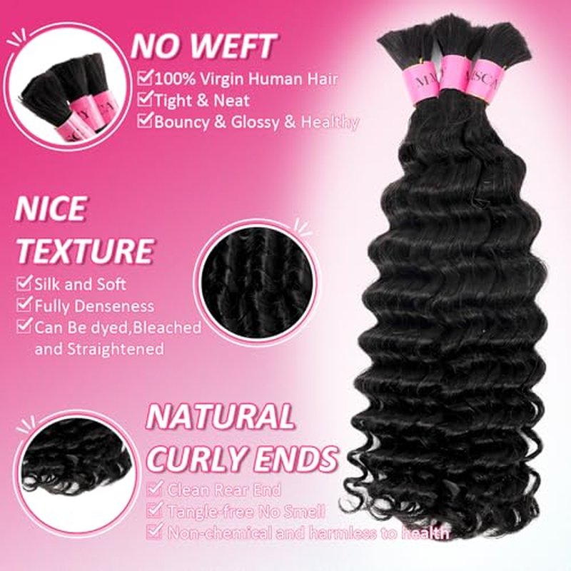 Human Braiding Hair for Boho Braids Deep Wave Bulk Human Hair for Braiding 150g Brazilian Human Hair for Boho Braids 20inch Bohemian Hair for Braiding Natural Black Best Human Extensions