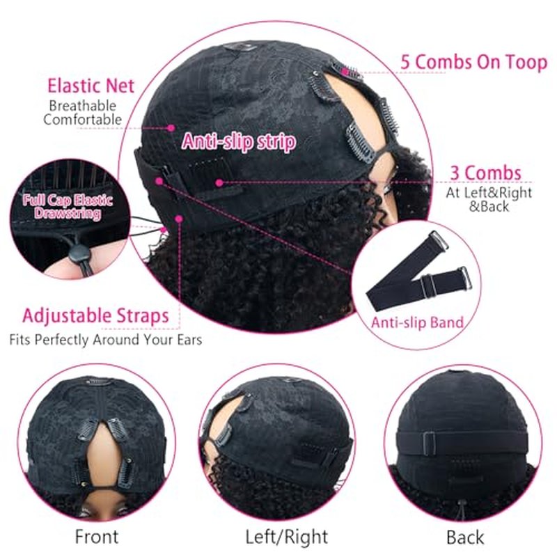 V Part Wigs Human Hair Afro Kinky Curly Glueless Wig Human Hair 200% Density Kinky Curly V Shape Wig Upgrade None Lace No Sew In V Part Wigs With Drawstring Beginner Friendly,Natural Color(18 Inch)