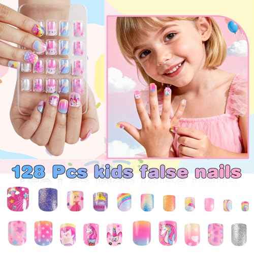 SIUSIO 6 Pack Press on Nails kids Children Acrylic Fake Nails Cute Pre-glue Full Cover Gradient Color Rainbow Short Stick On False Nail Art Kits Set for Kids Little Girls - Rainbow Dream