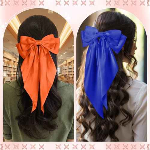 Hoteam 12 Pcs Silky Satin Oversized Hair Bows Bulk Big Hair Bows for Women Long Tail Large Bowknot Barrettes Hair Barrettes Clips Ribbon Bows Hair Accessories Gifts (Vibrant)