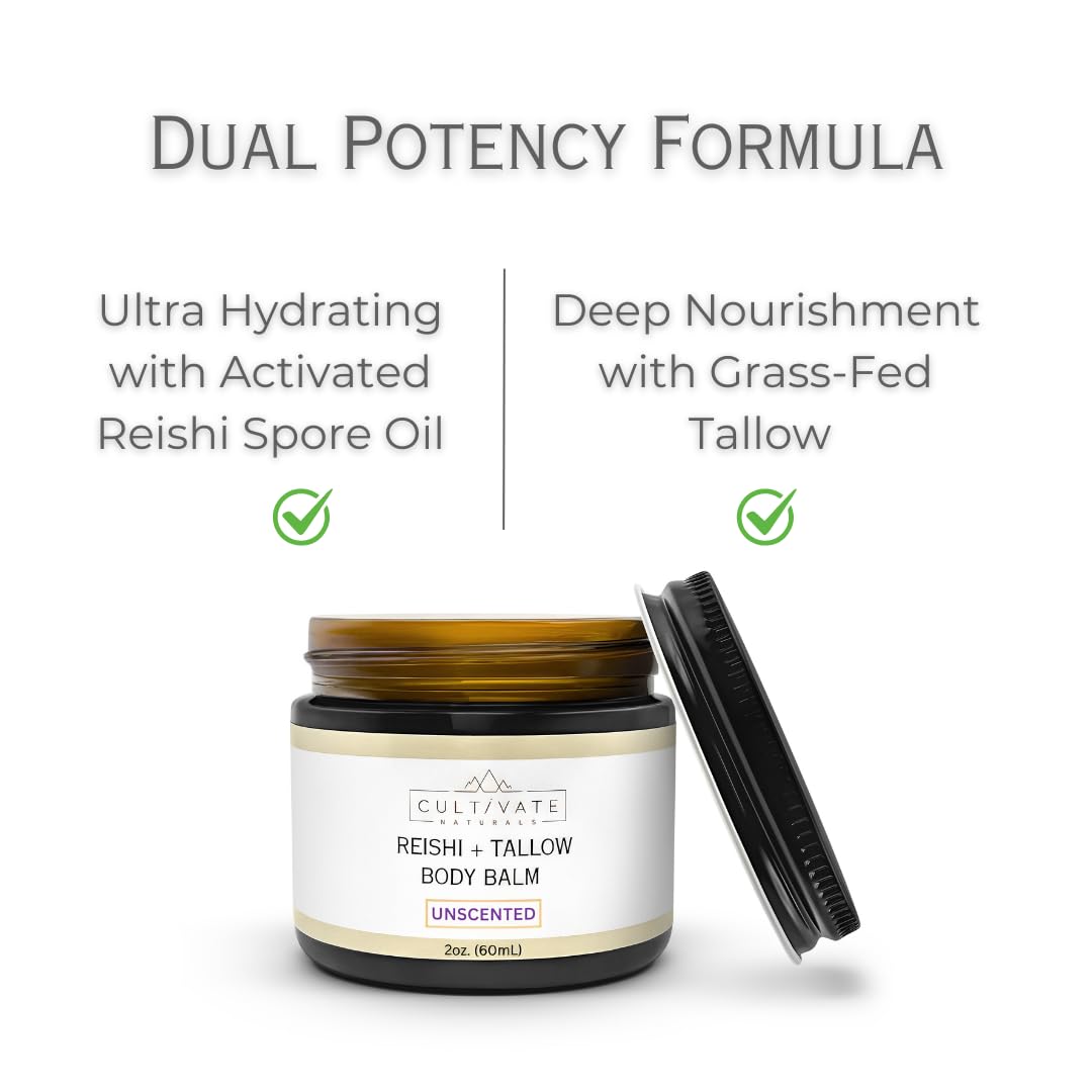 Reishi Tallow Body Balm - Unscented (2 oz) | Grass Fed Beef Tallow - Non-toxic, Paleo Friendly Skincare | Infused with Reishi Spore Extract | Moisturizing & Hydrating for Sensitive Skin