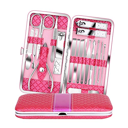Teamkio 18pcs Manicure Set Pedicure Nail Clippers Set Travel Hygiene Kit Stainless Steel Professional Cutter Care Set Scissor Tweezer Knife Ear Pick Tools Grooming Kits with Leather Case
