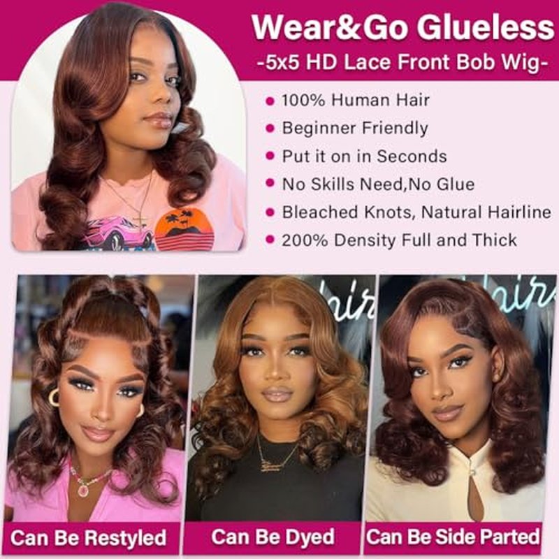 Chocolate Brown 5x5 Body Wave Hd Lace Closure Wigs Human Hair Wear And Go Glueless Bob Wig Human Hair Bob Wig For Black Women Glueless Wigs Human Hair Closure Bob 200% Density 16 Inch