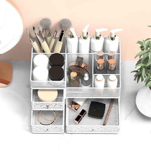 Lamesa Makeup Organizer for Vanity, Metal Makeup Organizers and Storage, Large Capacity Vanity Organizers for Cosmetics, Skincare, Desk Organizers with Drawers for Dresser Countertop(Large White)