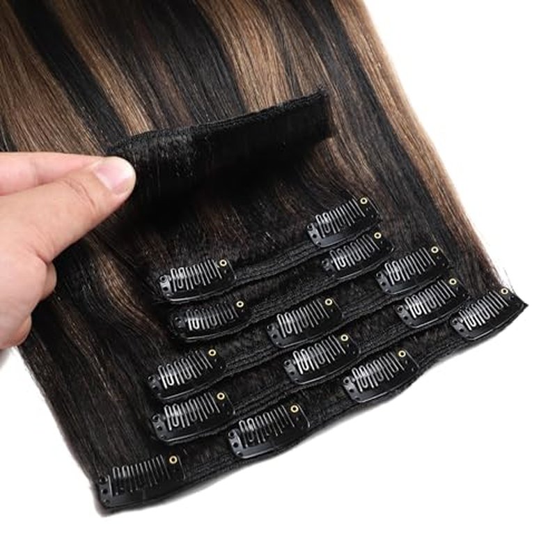 Loxxy Light Yaki Clip Ins Human Hair, Natural Black Mixed Chestnut Brown Color, Natural Look Yaki Straight Clip Ins Ideal for Black Women 22 Inches 7Pcs 120g