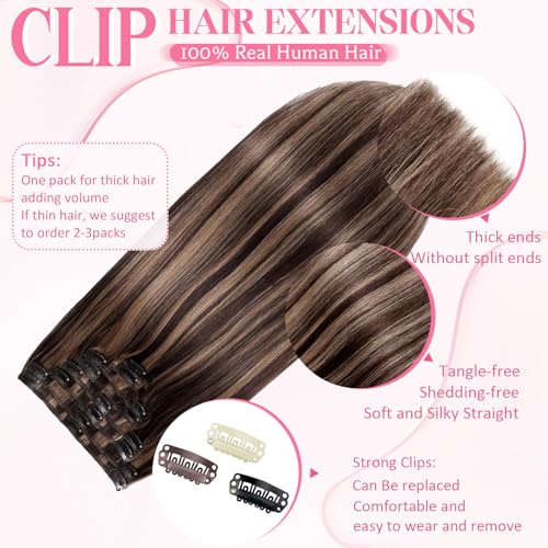 Clip in Hair Extensions Real Human Hair, Seamless Clip ins Real Human Hair for Women, Remy Human Hair Clip in Extensions, Double Weft 8pcs 16 inch Balayage Dark Brown to Chestnut Brown