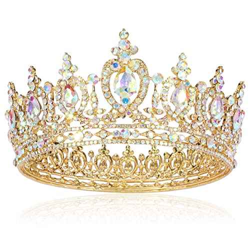 COCIDE Gold Queen Crown for Women Crystal Tiara and Crown for Girl Rhinestones Hair Accessories for Wedding Bride Birthday Party Prom Bridal Bridesmaid (Aurora Borealis + Gold Tiara)