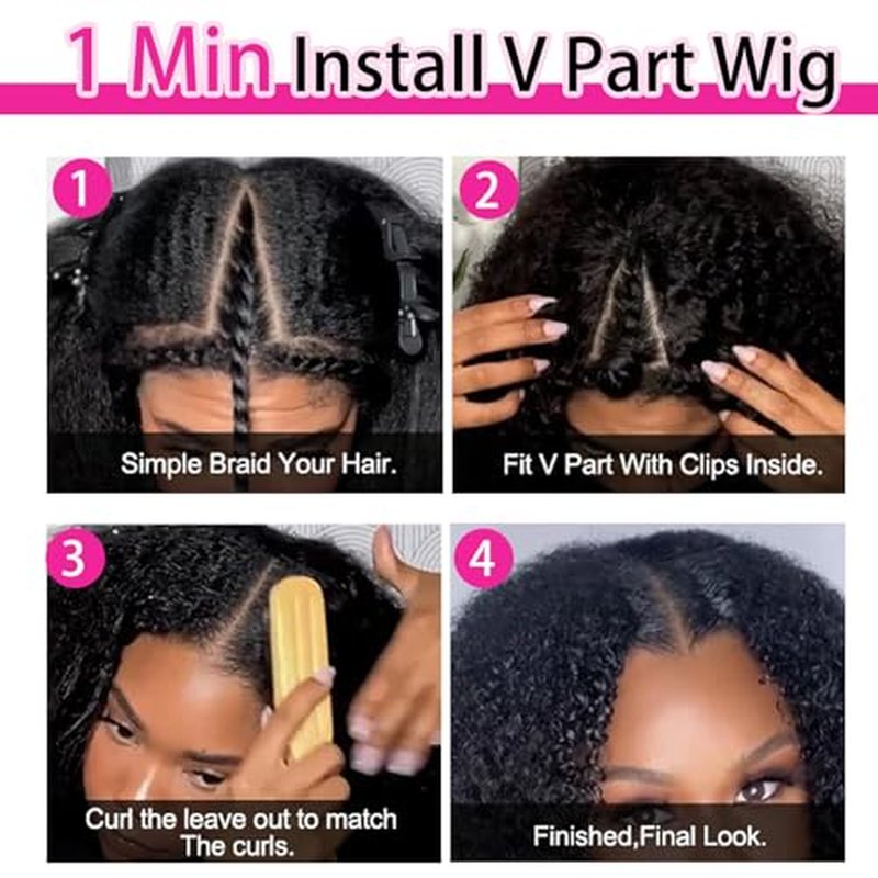V Part Wigs Human Hair Afro Kinky Curly Glueless Wig Human Hair 200% Density Kinky Curly V Shape Wig Upgrade None Lace No Sew In V Part Wigs With Drawstring Beginner Friendly,Natural Color(18 Inch)