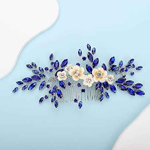 Bridal White Flower Blue Crystal Rhinestone Hair Comb for Bride Bridesmaid Sliding side Headpieces Wedding Hair Accessories for Women and Girls (Blue)
